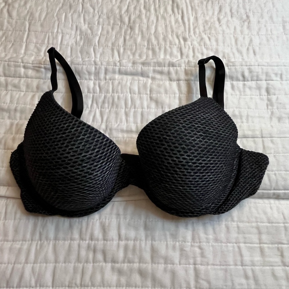 Victorias Secret Uplift Semi Demi Bra Gray Black Fishnet